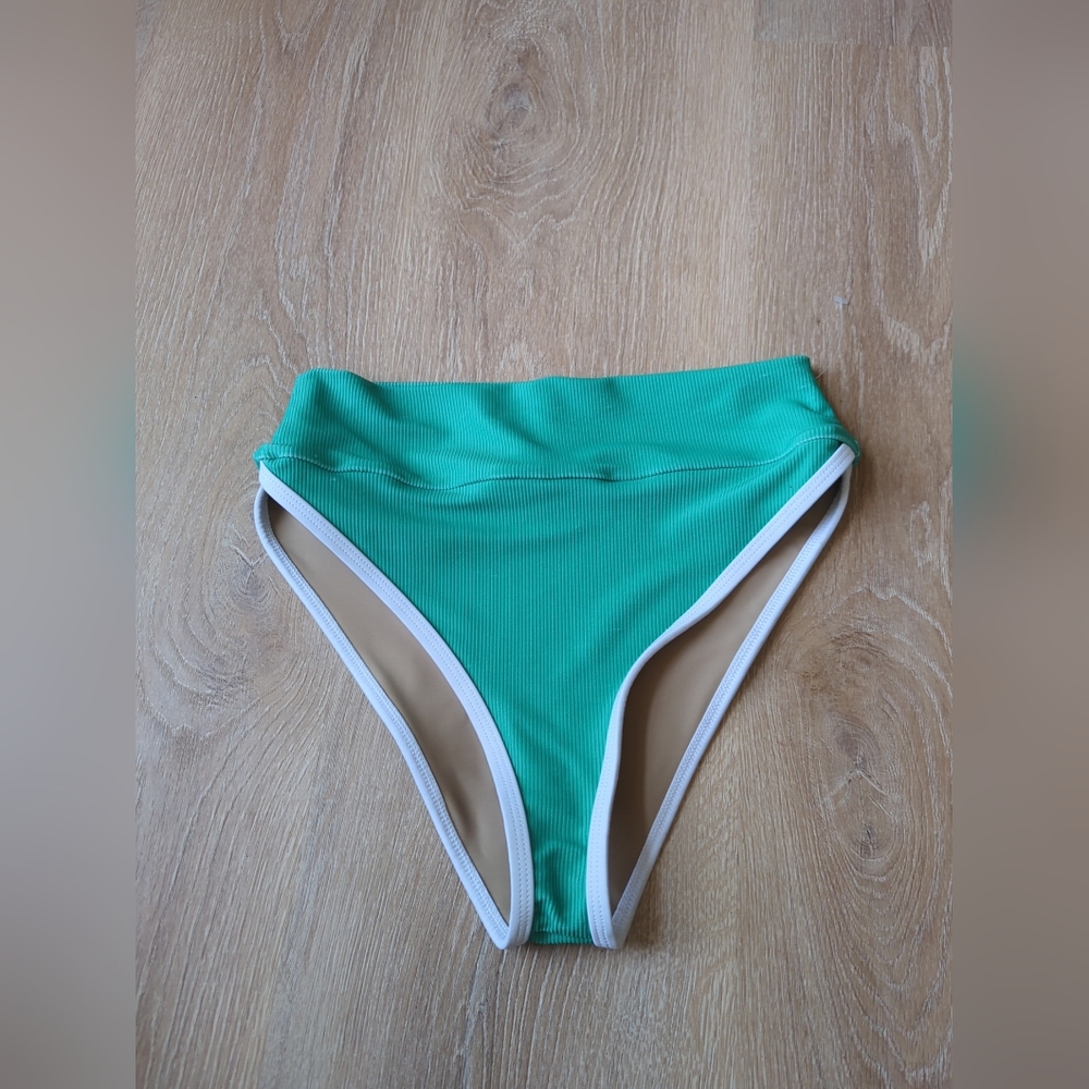 LainSnow Teal Green High-Waist Bikini Bottom with White Trim